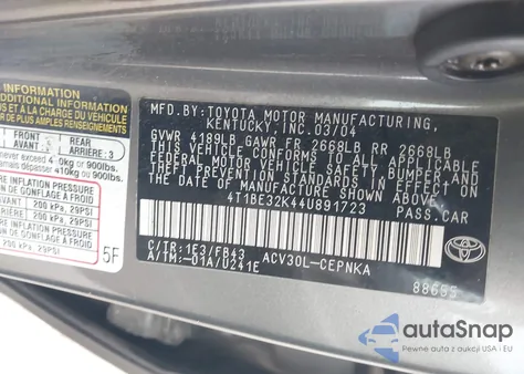 2004 Toyota Camry Le from USA, damaged, VIN 4T1BE32K44U891723